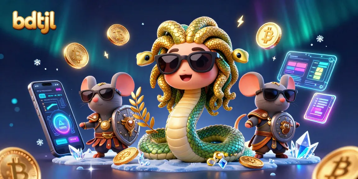 Engage with bdtjl's vibrant 3D casino scene showcasing friendly Medusa and warrior mouse amidst glowing crypto coins.