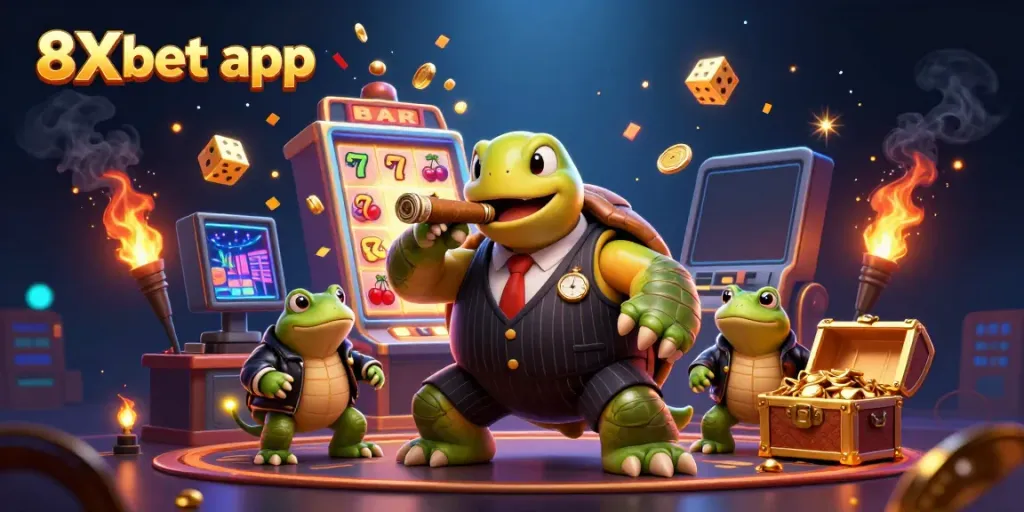 Experience the dynamic 8Xbet app scene with a lively snapping turtle and bullfrog enforcers surrounded by casino elements.