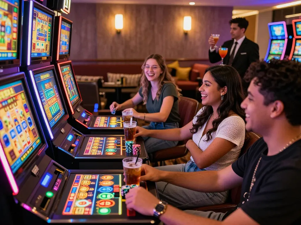 Exciting NK88 casino gaming scene with friends enjoying vibrant slot machines and drinks.