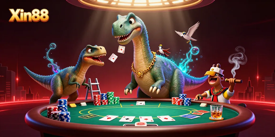 Experience thrilling poker at Xin88 with iconic characters in a vibrant casino scene.