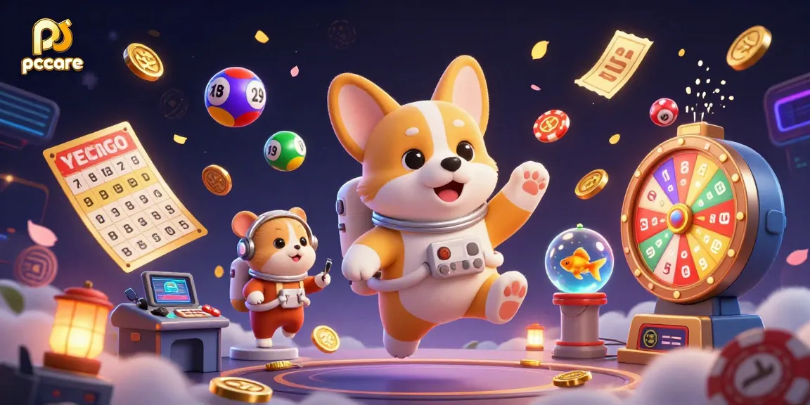 Enjoy the excitement of pccare with a vibrant casino scene featuring floating elements and engaging characters.