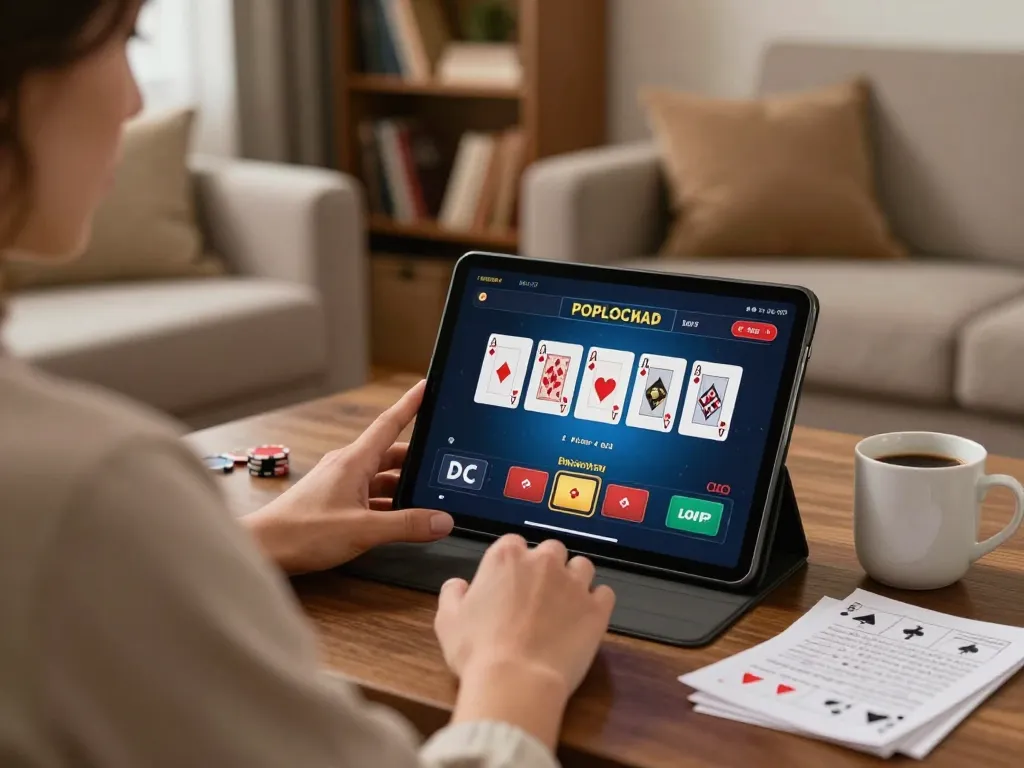 Player engaged in online poker gaming at home, showcasing 45678 casino strategy in a cozy setting.