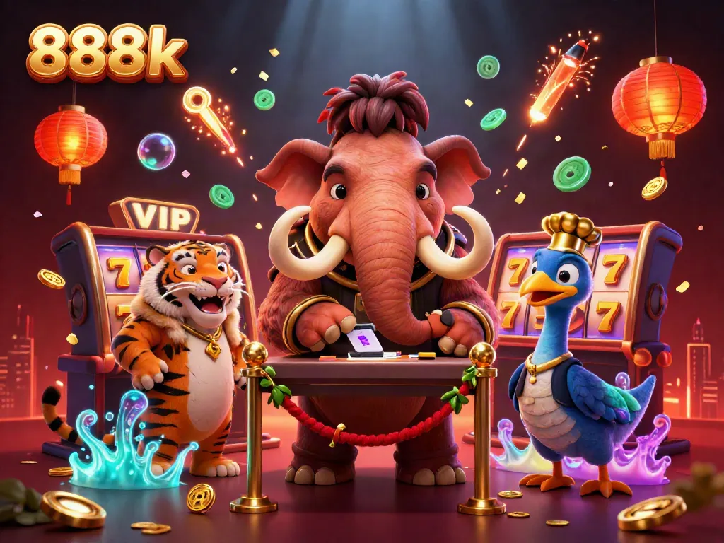Engage in thrilling gaming at 888k with a lively illustration featuring a woolly mammoth bouncer, a saber-tooth tiger VIP, and festive game elements.
