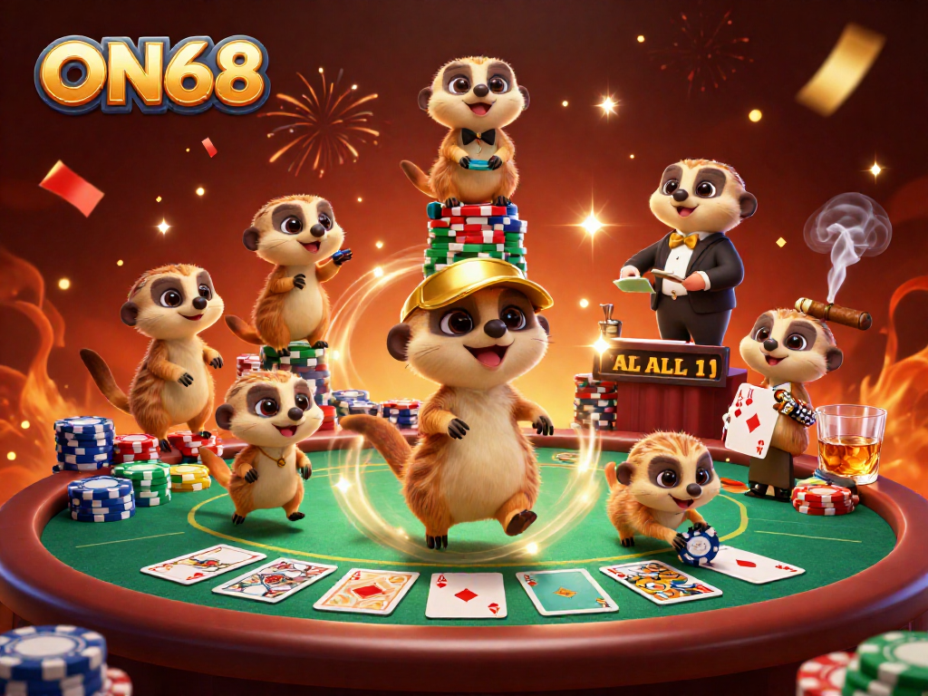 ON68 meerkat casino scene with colorful poker chips and card dealers at work.