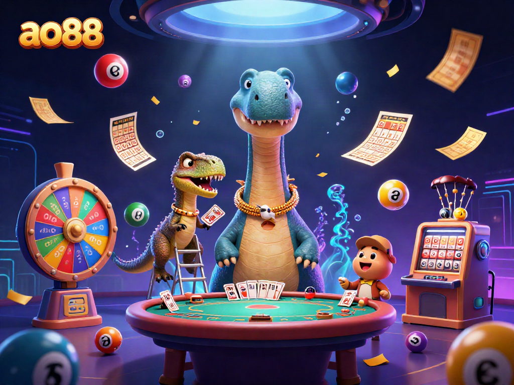 ao88 captivates with a thrilling scene of a brontosaurus and raptor in a vibrant casino