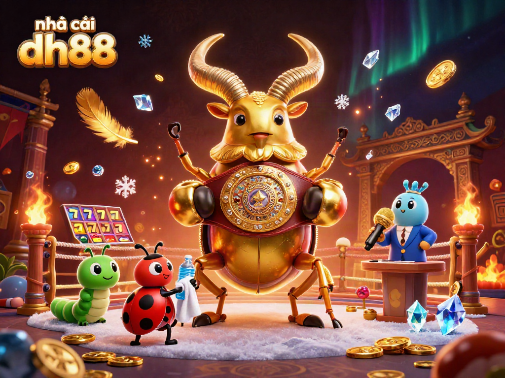 Experience the excitement of nhà cái dh88 with a dynamic illustration of a golden stag beetle boxing champion.