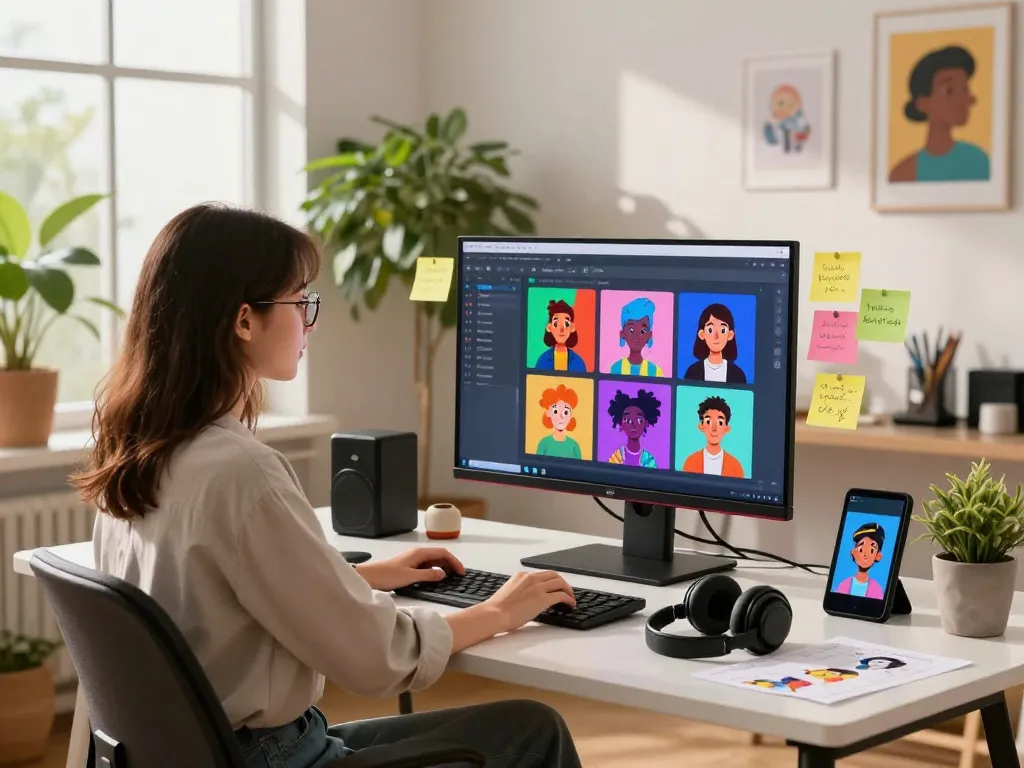 A young woman exploring Crush on AI in a vibrant digital workspace, showcasing creativity and technology.