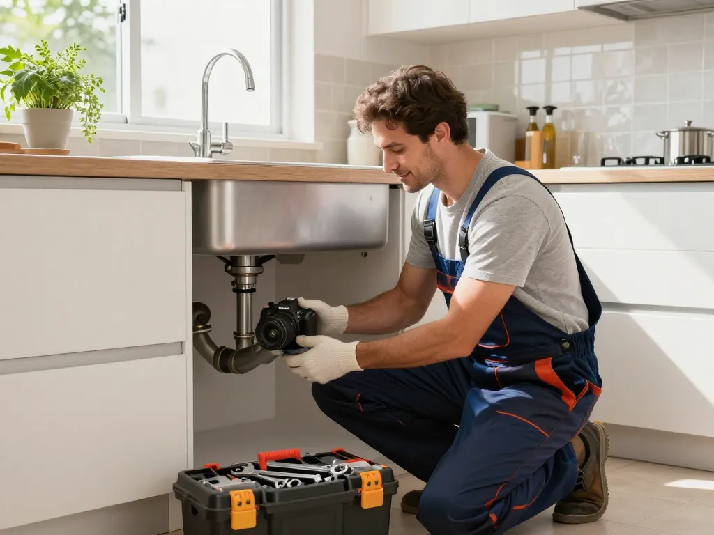 Professional plumber in São Paulo fixing kitchen pipes, showcasing Encanador em São Paulo services with advanced tools in a modern home setting.