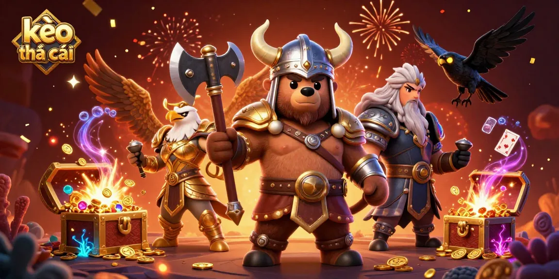 Engaging action scene with kèo nhà cái showcased, featuring a Viking bear, Valkyrie eagle, and casino elements.