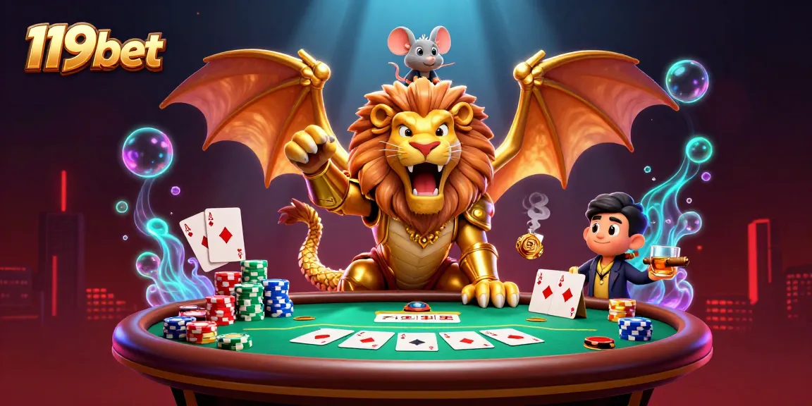 Experience the thrill of 119bet's poker action with a dynamic chimera and mouse jockey!