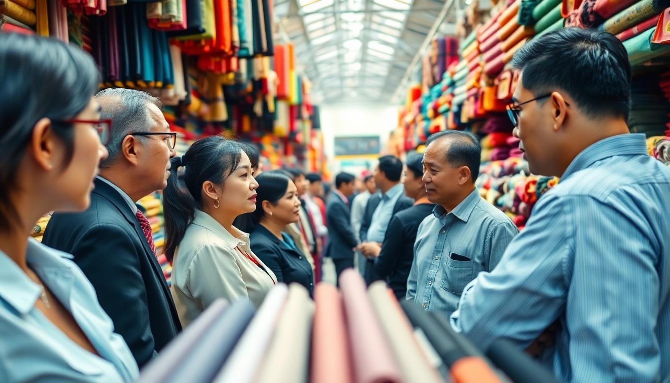 Engaging professional clothing suppliers China presenting colorful fabrics in a bustling market setting.