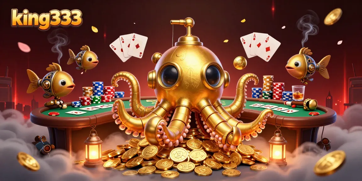 Engaging king333 illustration of a golden kraken submarine amidst poker chips and cards