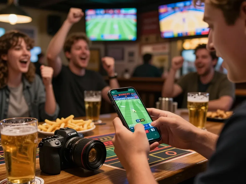 Pessoa interagindo com apostas ao vivo no aplicativo 166bet durante um jogo de esportes em um animado bar esportivo.