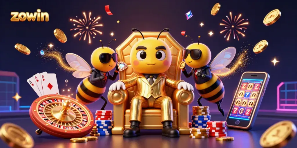 Zowin's vibrant casino scene features a cartoon bumblebee mob boss amidst golden coins and spinning roulette.