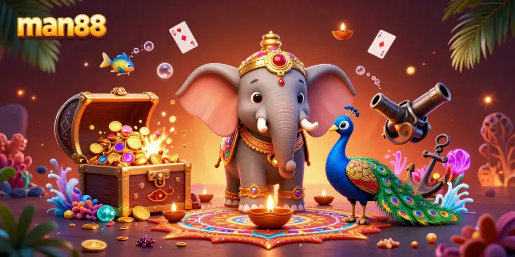 Experience thrilling games at man88 with a vibrant 3D illustration showcasing festive elements and casino themes.