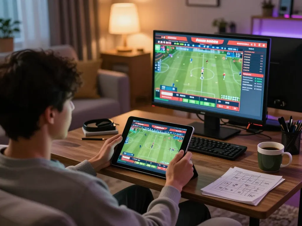 Kèo nhà cái hôm nay shows a user actively engaging in sports betting through an online platform on a tablet amidst a cozy home environment