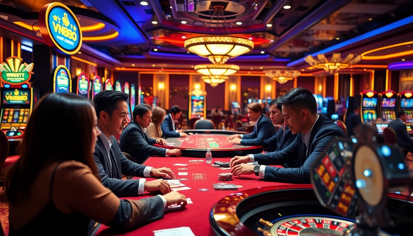Experience high-stakes excitement at vn888 with luxurious casino gaming elements and vibrant atmosphere.