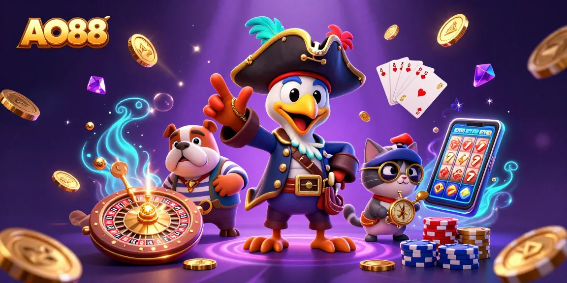 Experience excitement at AO88 with a lively scene of playful pirate characters and casino fun.