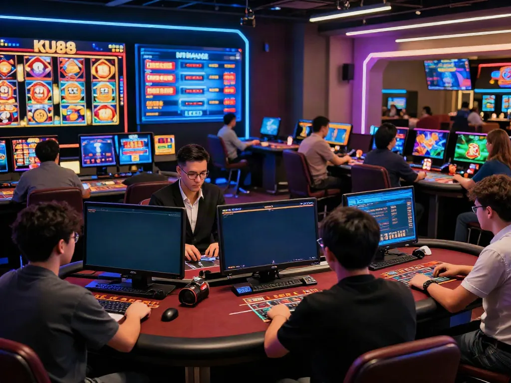 The vibrant online gaming experience at https://ku88v1.com/ showcasing players and live dealers in an immersive environment.