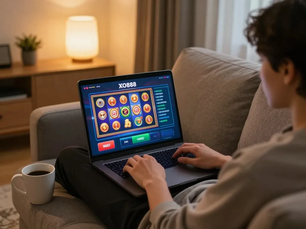 Player enjoying engaging slots on XO88 in a cozy home setting with modern decor.