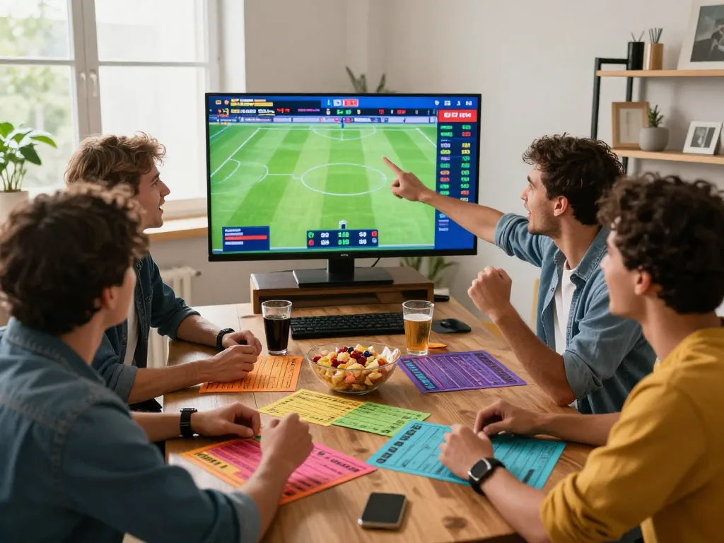 Exciting kèo nhà cái betting scene with friends watching live football matches.