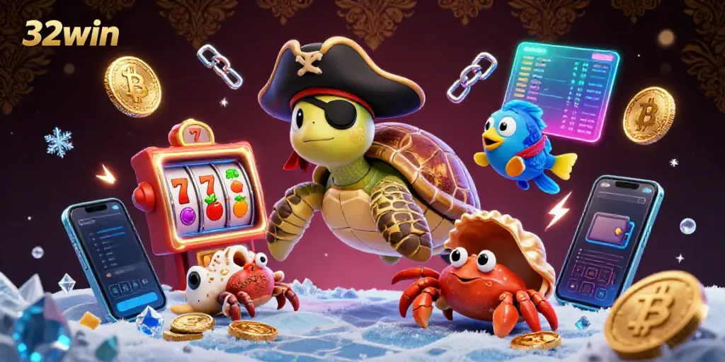 Experience the excitement of 32win with treasure-hunting turtle characters amid vibrant casino games.