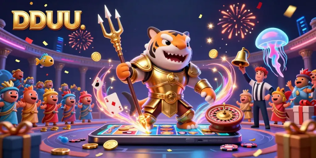 Engage in thrilling gaming at DDUU as the tiger shark gladiator wields a trident in a vibrant underwater colosseum.