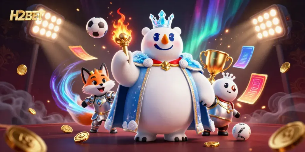 H2BET bets big with a vibrant 3D scene featuring a royal polar bear and fox in a lively casino atmosphere.