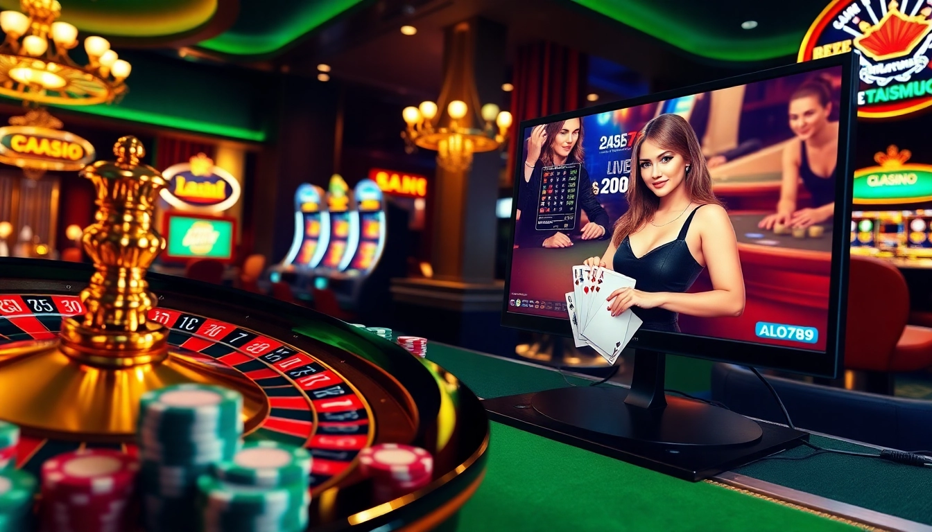 A lively casino scene featuring immersive gaming experiences at alo789 with roulette and poker.