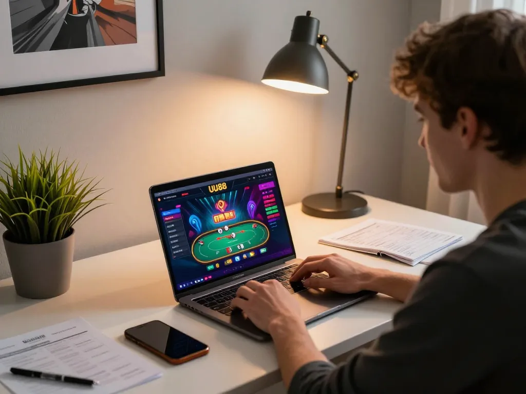 Player enjoying UU88 online gaming on a stylish desk with a laptop, showcasing a poker game interface