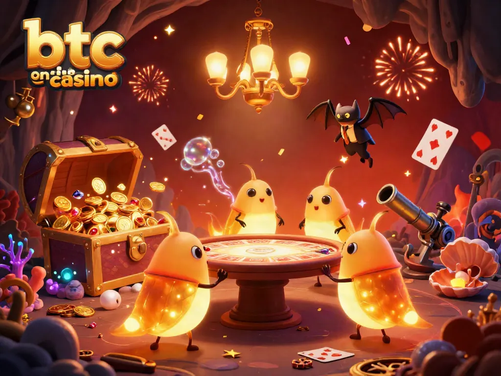 Engage at the btc online casino with glowworms lighting up a vibrant underwater scene filled with treasures.