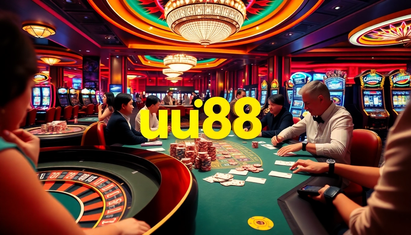 Players experiencing the excitement of uu88 casino games with poker chips and roulette wheel.