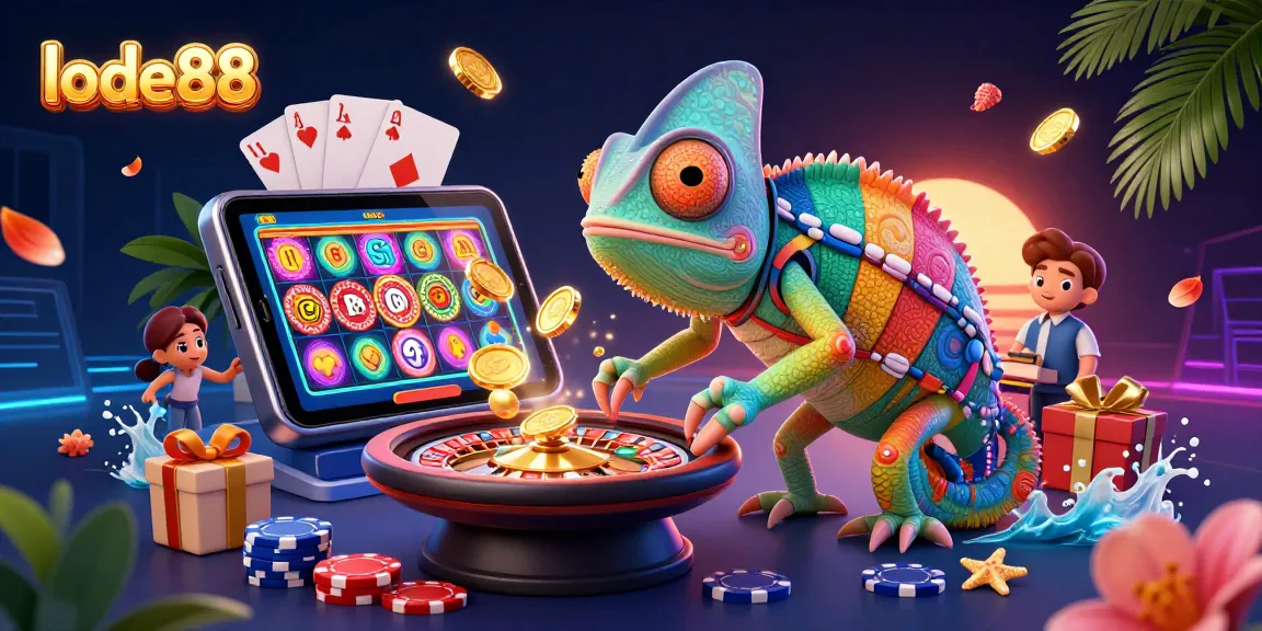 Engage with lode88's vibrant 3D casino scene featuring a chameleon owner, smartphones, and golden coins.