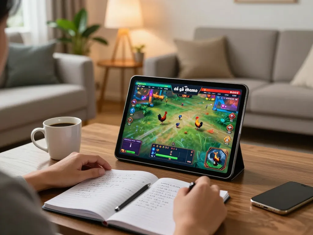 Engaged in đá gà thomo online, a player analyzes live matches on a tablet in a cozy home setting.