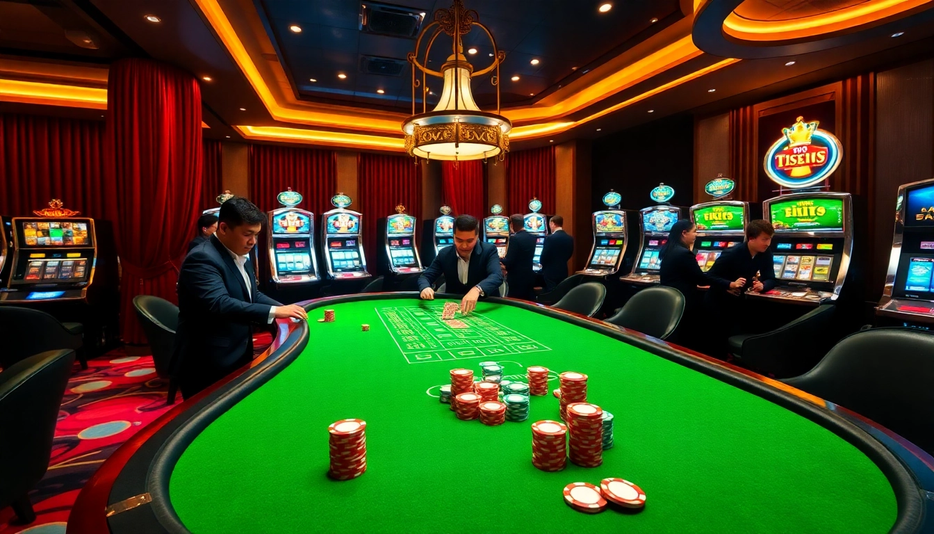 Players enjoying a thrilling moment at i9bet com casino, featuring vibrant poker chips and slot machines.