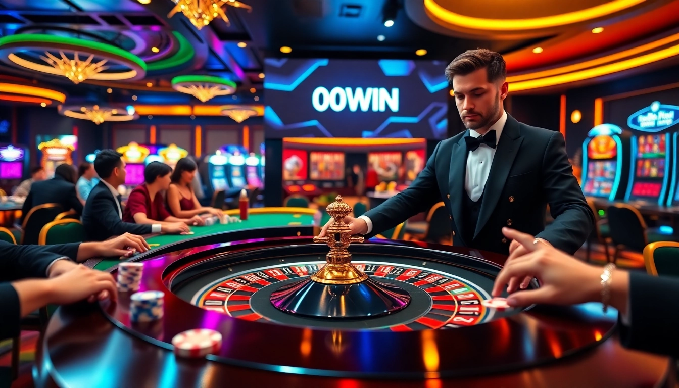 Jogadores participando de apostas online empolgantes no cassino 001WIN com roleta e cartas.