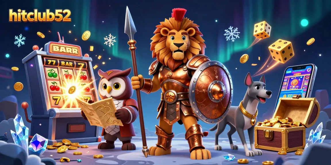 Experience thrilling gameplay at hitclub52 with a cartoon lion, owl, and greyhound amid a jackpot explosion.