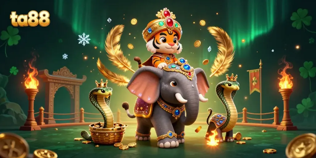 Experience thrilling action at ta88 with a vibrant scene featuring a maharaja tiger, jewel-encrusted elephant, and cobra!