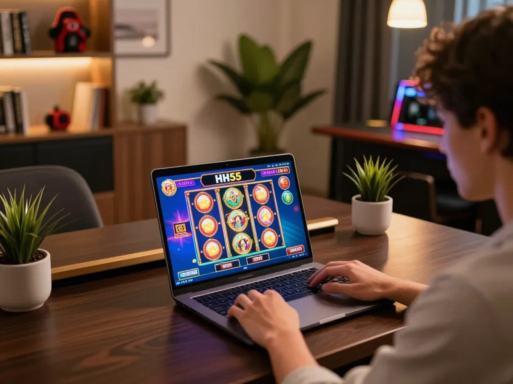 Participando de emocionantes jogos de slot no HH55 a partir de um aconchegante ambiente doméstico, mostrando a experiência moderna de jogo