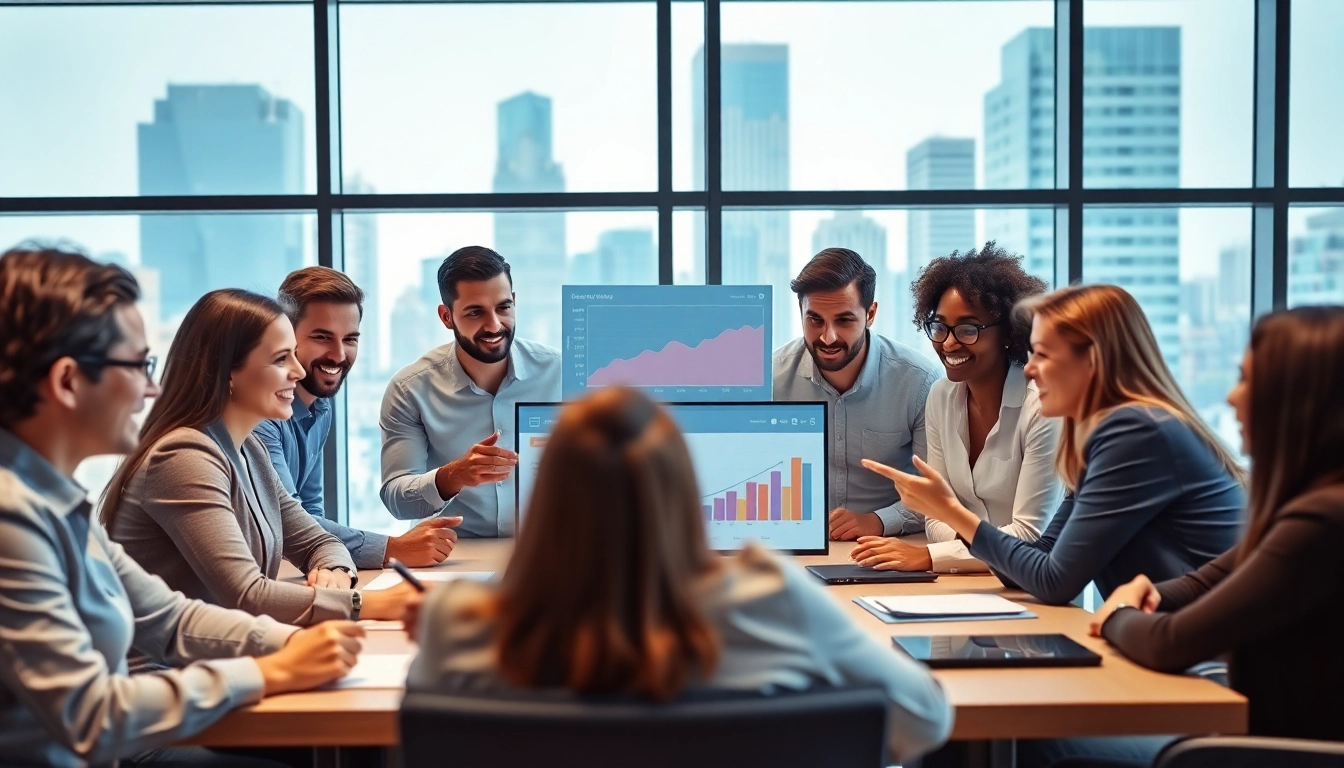 Team collaborating on Software demand planning strategies with digital displays in a modern conference room.