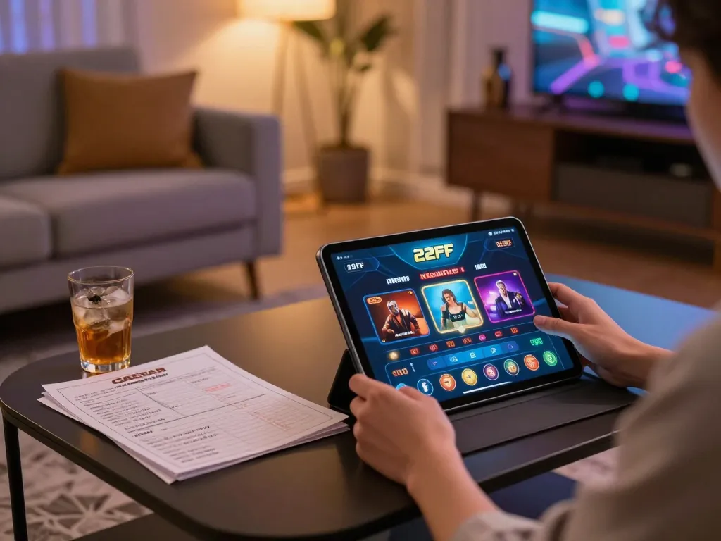 Engaging with the 22FF online casino app on a sleek tablet in a cozy home setting