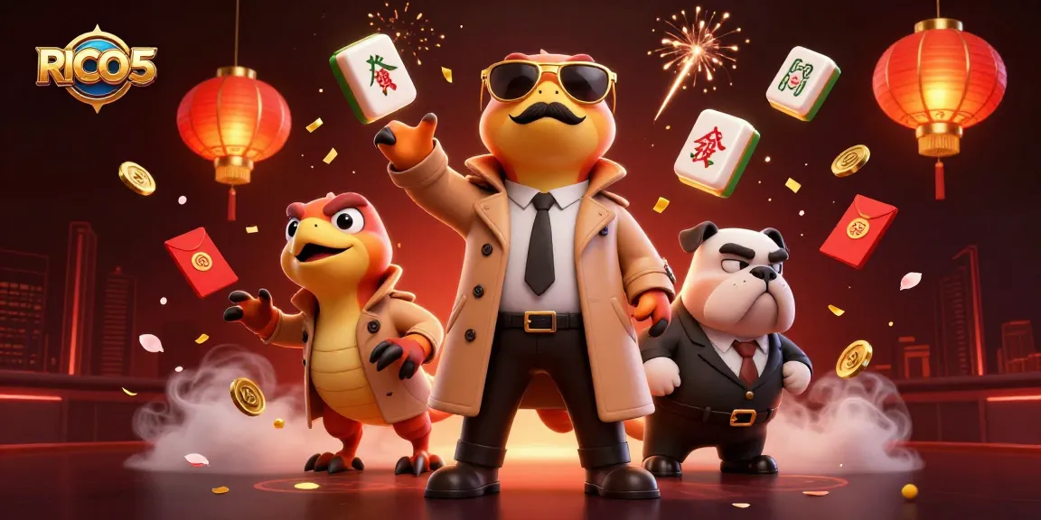 Win big with RICO55 in a vibrant casino scene featuring raptors and a bulldog bouncer.