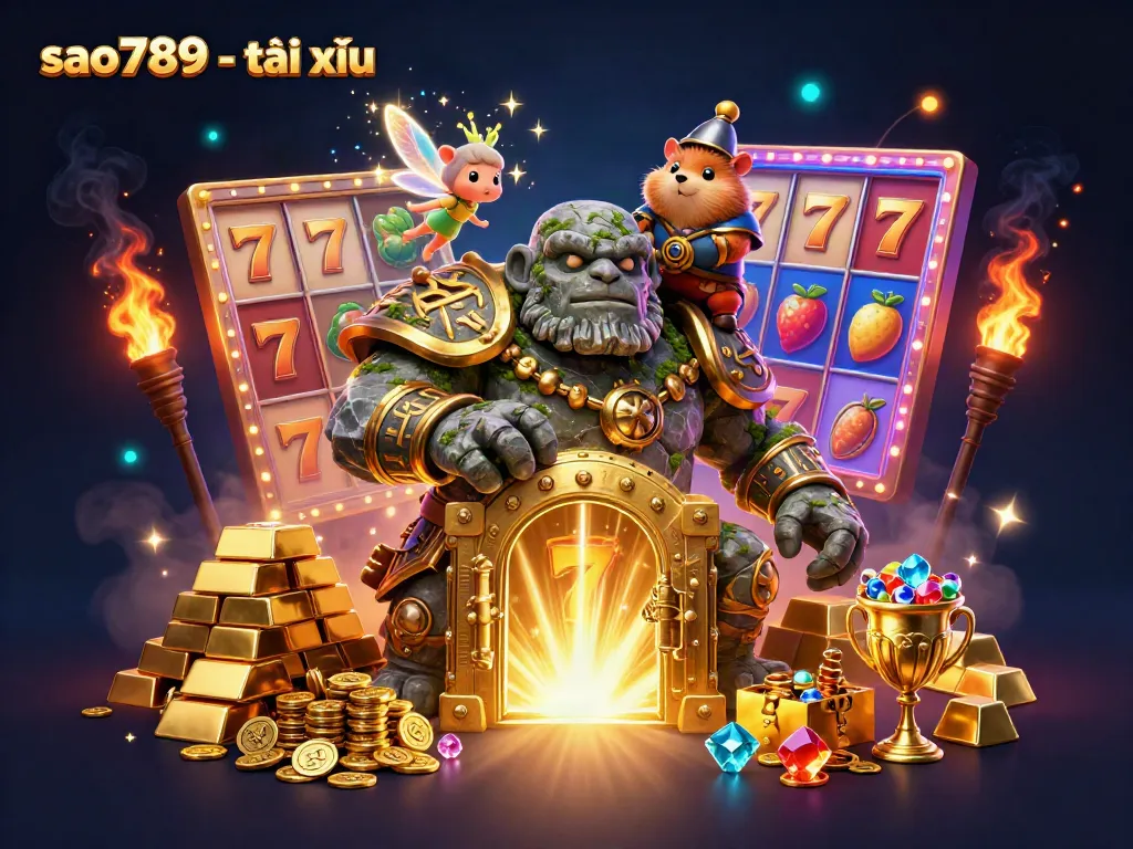 Experience thrilling gameplay with sao789 - tài xỉu amidst gold, gems, and magical elements.