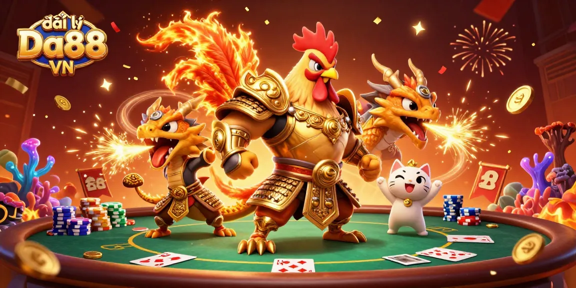 Engage in the excitement of đại lý Da88 VN with a vibrant illustration showcasing a rooster warrior, dragon hatchling, and fortune cat amidst a lively poker scene.