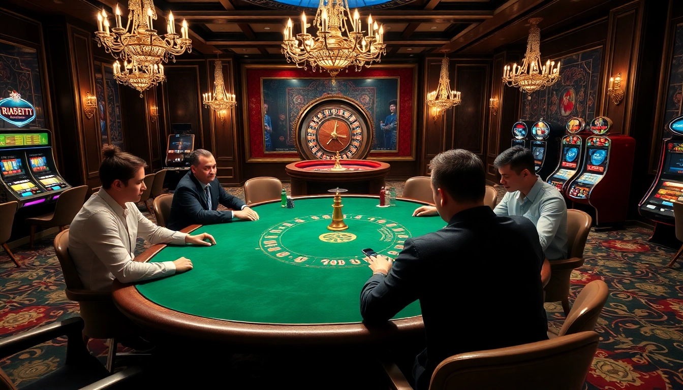 Exciting gaming atmosphere at trang chủ thabet with players engaged in poker and roulette.