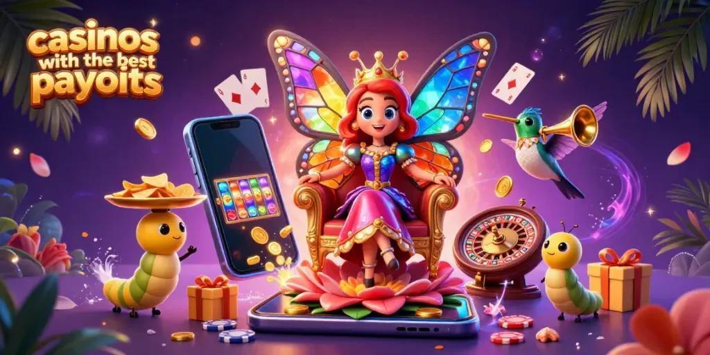 A colorful scene depicting the casinos with the best payouts featuring a butterfly queen, caterpillar servants, and gaming elements.