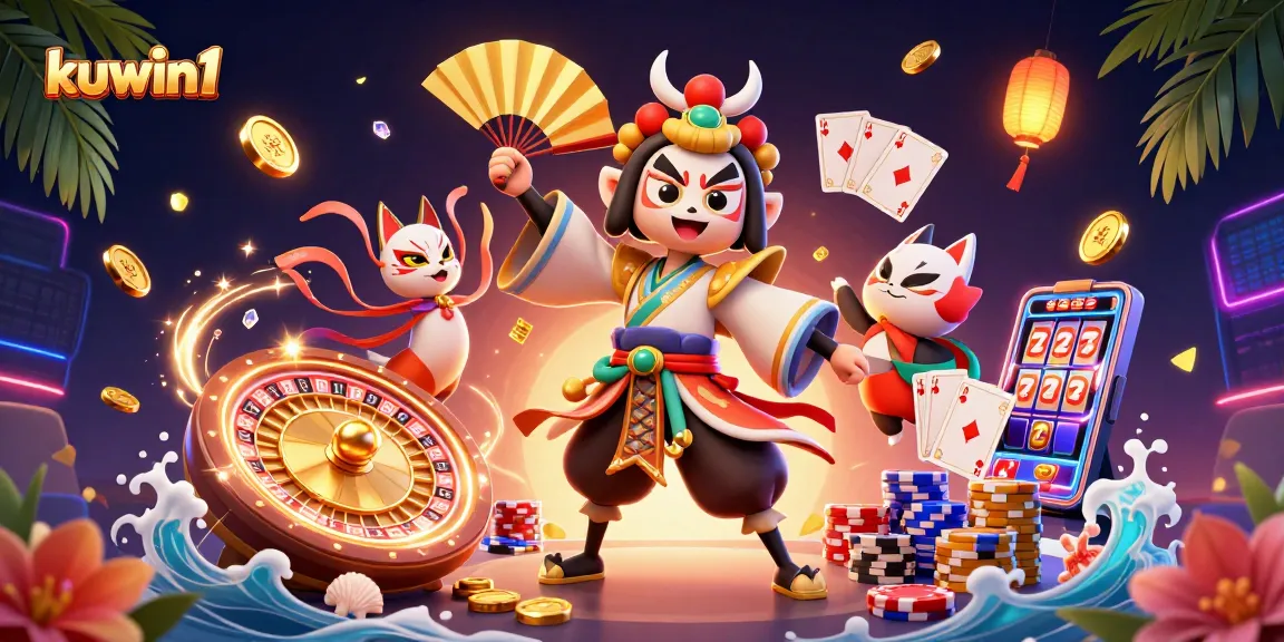Kuwin1 gamifies excitement with a dynamic scene featuring kabuki warrior and kitsune mask.