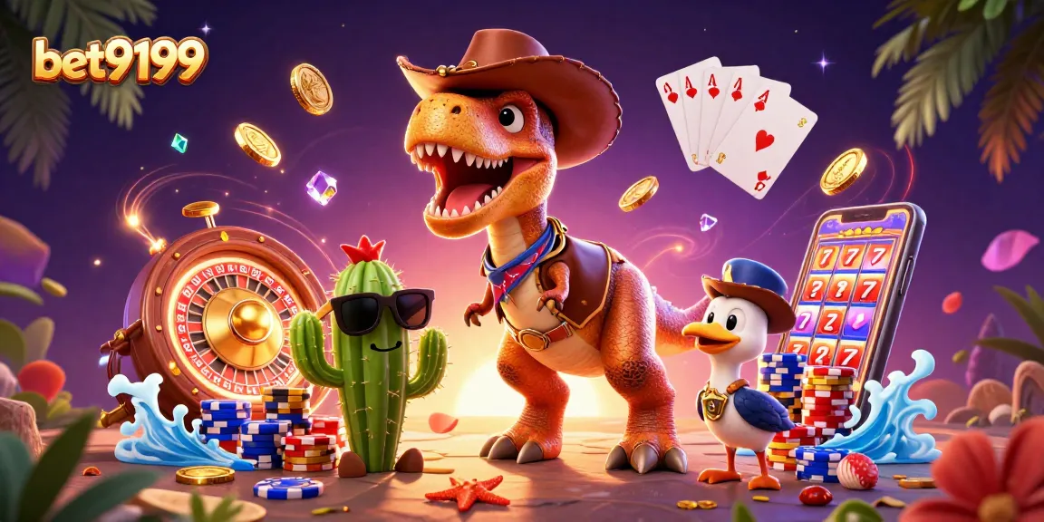 Bet9199 features a T-Rex cowboy with dazzling casino elements, spinning roulette, and colorful slots.