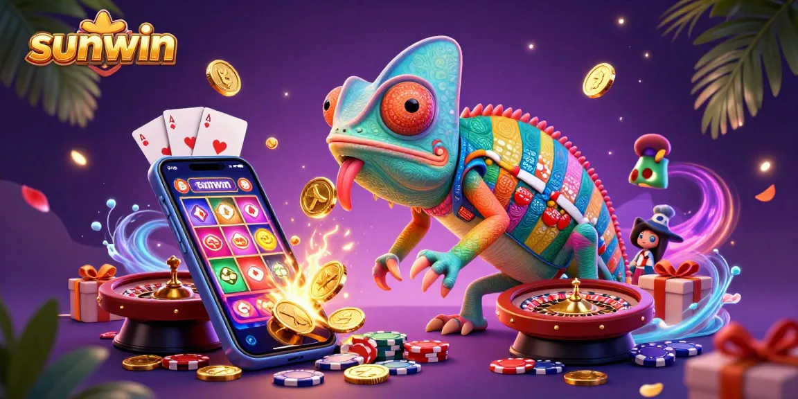 Experience the excitement of sunwin's vibrant casino atmosphere featuring a colorful chameleon owner.