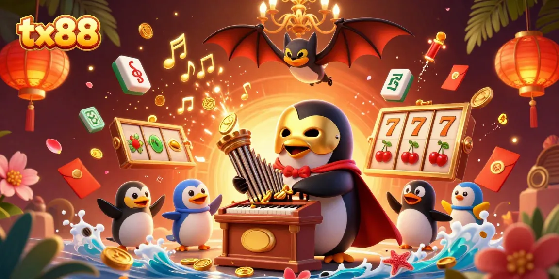 Experience the thrill of tx88 with a festive 3D casino scene featuring a phantom opera penguin and slot game elements.